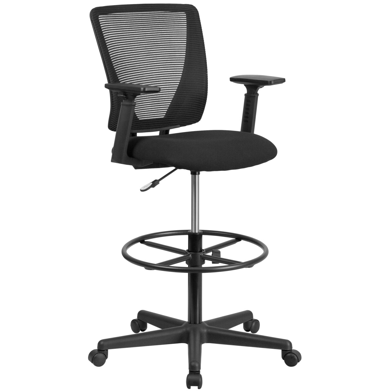 Emma and Oliver Ergonomic Mid-Back Mesh Drafting Chair with Fabric Seat, Adjustable Foot Ring and Arms